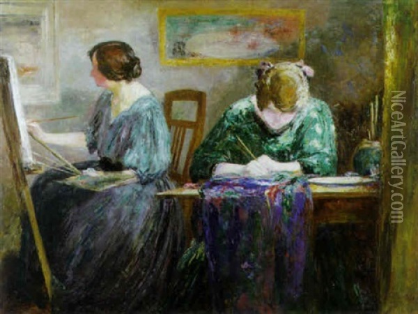 Gabrielle (de Echtgenote Van De Kunstenaar) En Marthe Verhaeren In Het Atelier Oil Painting - Constant Montald