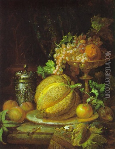 Stilleben Mit Obst Und Silber Oil Painting - Ferenc (Franz) Ujhazy