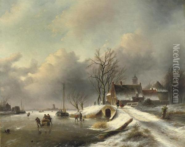 Crossing A Bridge Over A Frozen River Oil Painting - Jan Jacob Coenraad Spohler