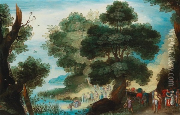 A Landscape With The Baptism Of Christ In The River Jordan Oil Painting - Jacob Savery the Younger