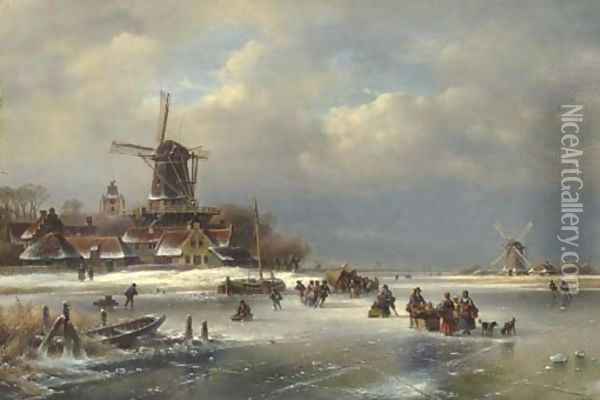 Villagers on a Frozen Waterway Oil Painting - Lodewijk Johannes Kleijn