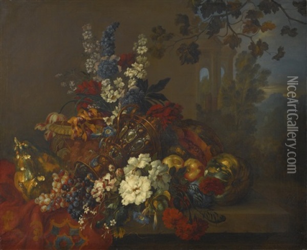 Still Life With Flowers And Fruit, With An Upturned Vase And A Sculpted Urn, In An Italianate Setting Oil Painting - Pieter Casteels III
