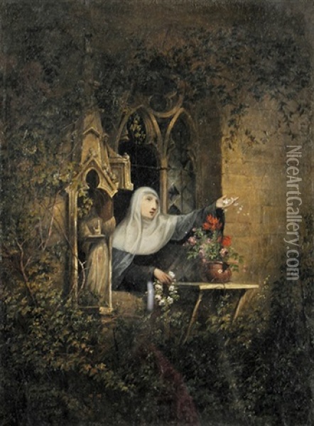 Nonne Mit Weisem Blutenkranz Am Fenster Oil Painting - Joseph Petzl
