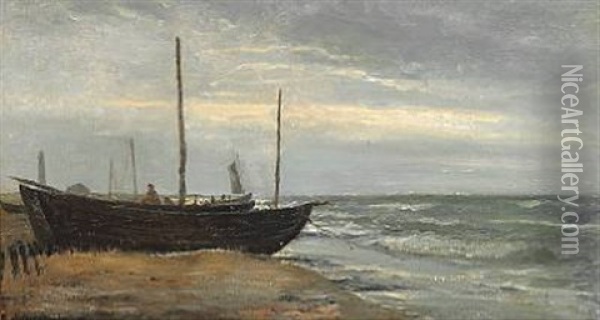 Fishing Boats On The Beach At Skagen, In The Background Det Gra Fyr (the Grey Lighthouse) Oil Painting - Holger Henrik Herholdt Drachmann
