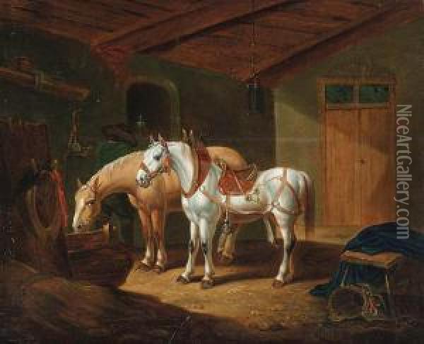 Dwa Konie W Dworskiej Stajni Oil Painting - Johannes Warnardus Bilders