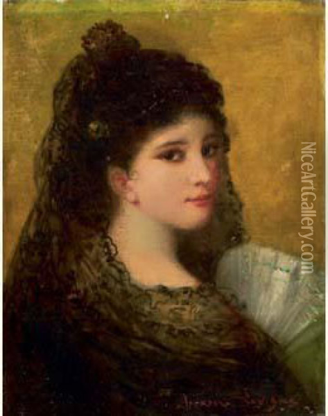 Portrait De Femme A La Mantille Oil Painting - Theodore Levigne