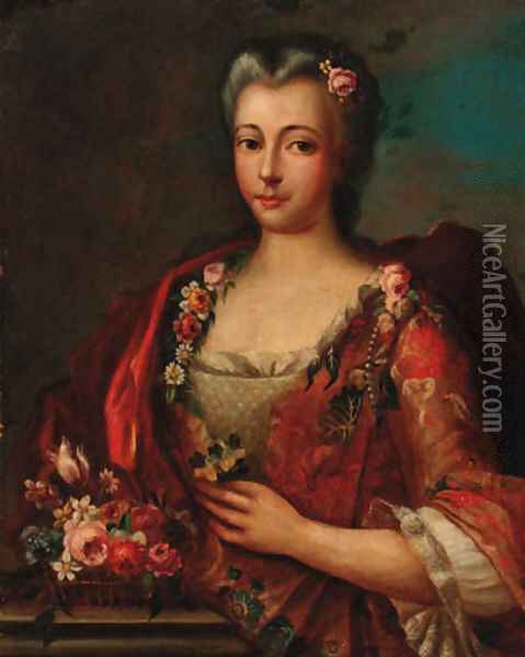 Portrait of a lady, half-length, in a red and grey dress decorated with flowers Oil Painting - Italian School