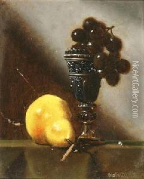 Table Top Still Life Of A Pear And Goblet Withgrapes Oil Painting - Robert White