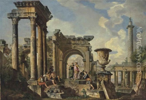 A Capriccio Of Roman Ruins With The Sermon Of Saint Peter Oil Painting - Giovanni Paolo Panini