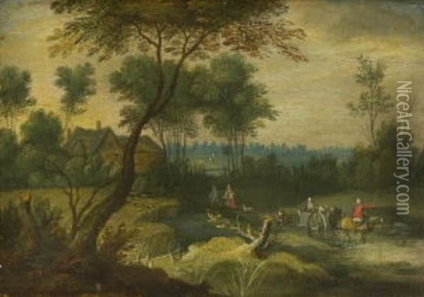 Dorflandschaft Mit Ziehenden Bauern Und Pferdefuhrwerk In Der Furt Oil Painting - Jan Brueghel the Elder