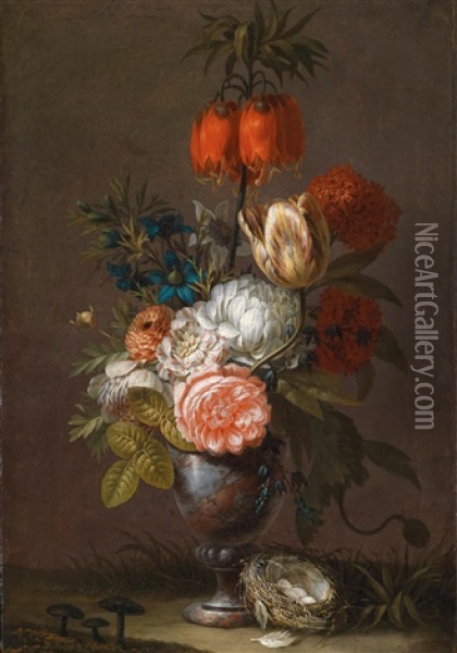 Ein Elegantes Blumenstillleben Mit Pilzen Und Einem Vogelnest Oil Painting - Jean Louis Prevost