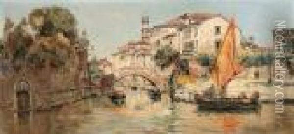 A Tranquil Canal Oil Painting - Antonio Maria de Reyna