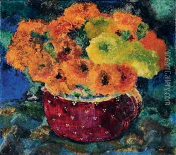 Zinnien In Roter Vase Oil Painting - Augusto Giacometti