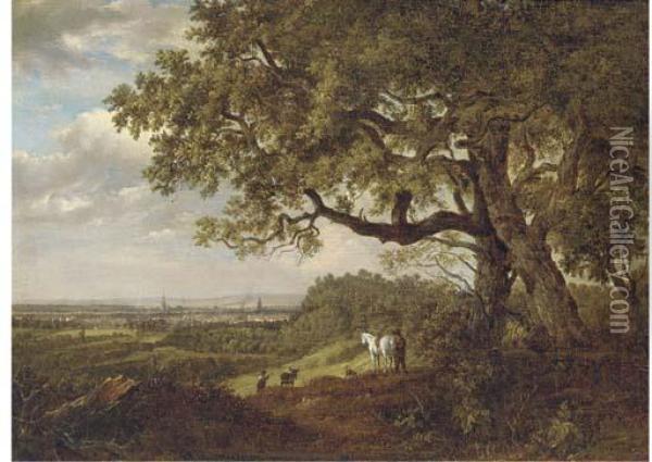 Figures On A Viewpoint Overlooking A Town Oil Painting - Patrick, Peter Nasmyth
