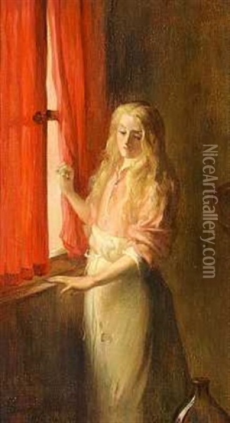 Interior Med Ung Kvinde Ved Et Vindue Oil Painting - Joseph Bail