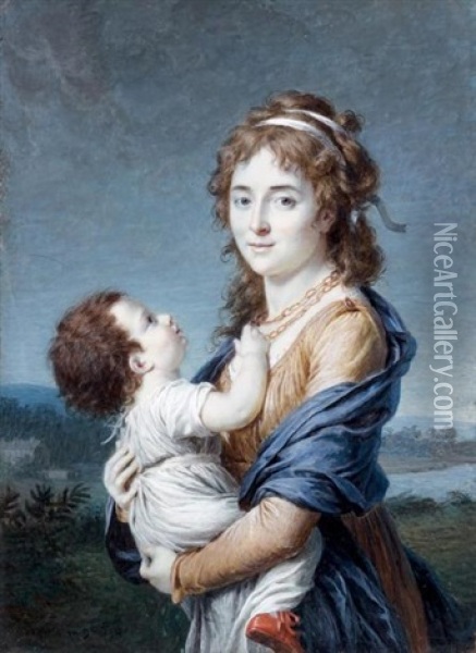 Portrait De La Baronne, Dannery Tenant Son Fils Jean Germain Samuel Dans Ses Bras Oil Painting - Marie Gabrielle Capet