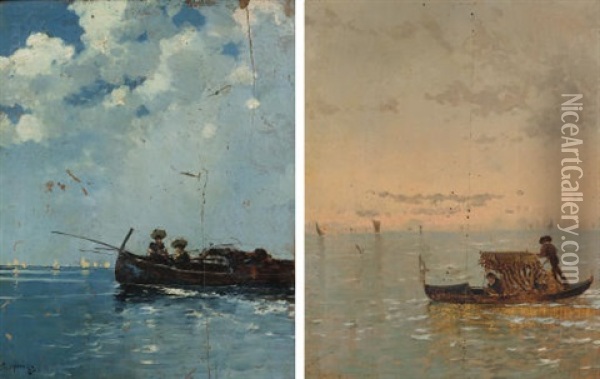 Fishermen In A Boat (+ Figures In A Gondola; Pair) Oil Painting - Riccardo Pellegrini