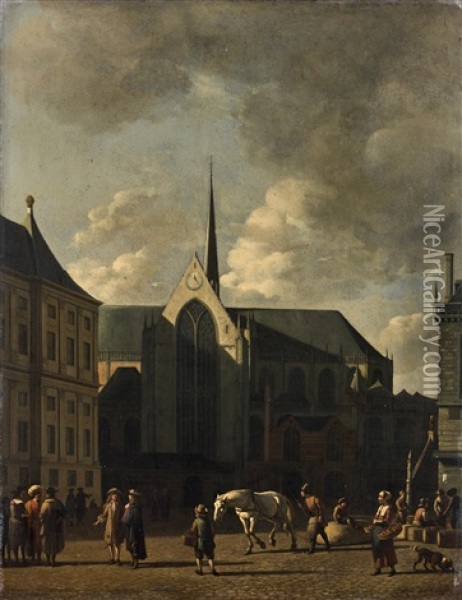 La Place Du Dam Animee, Amsterdam Oil Painting - Gerrit Adriaensz Berckheyde