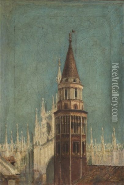 Campanile Di San Gottardo Con Duomo Sullo Sfondo Oil Painting - Antonio Curti