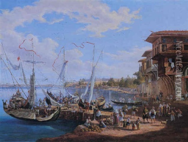 The Arrival Of Goudal At The Market Place Of Kadikoy On The Asiatic Shore Of The Bosphorus Oil Painting - Johann Jakob Falkeisen