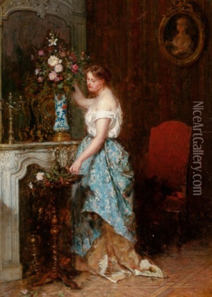 Arranging The Bouquet Oil Painting - Antoine Emile Plassan