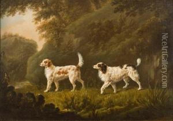 Two Setters In A Landscape Oil Painting - Charles Henry Schwanfelder