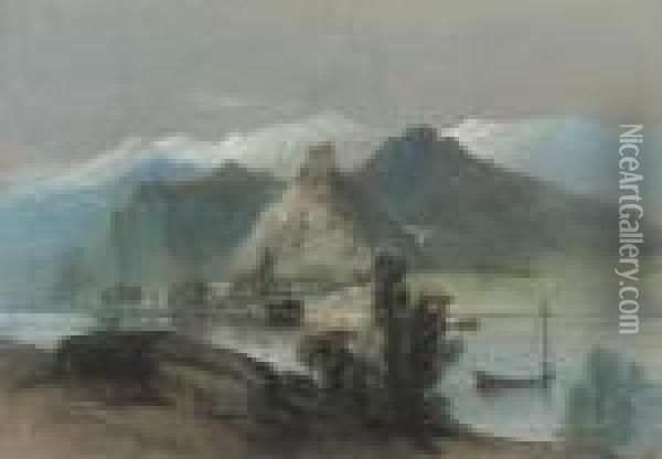 An Alpine Lake Scene Oil Painting - Henry Bright
