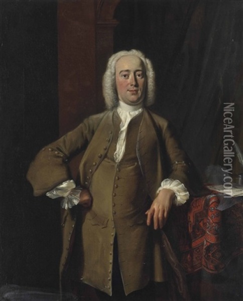 Portrait Of A Gentleman Traditionally Identified As Philips Zweerts (1704-1774), Three-quarter-length, In A Green Coat And White Stocking, His Left Elbow Resting On A Draped Table With Letters, Standing In An Interior Oil Painting - Cornelis Troost