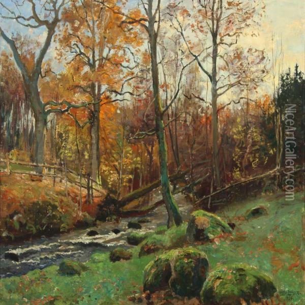 Scenery From An Autumn Forest Oil Painting - Olaf Viggo Peter Langer