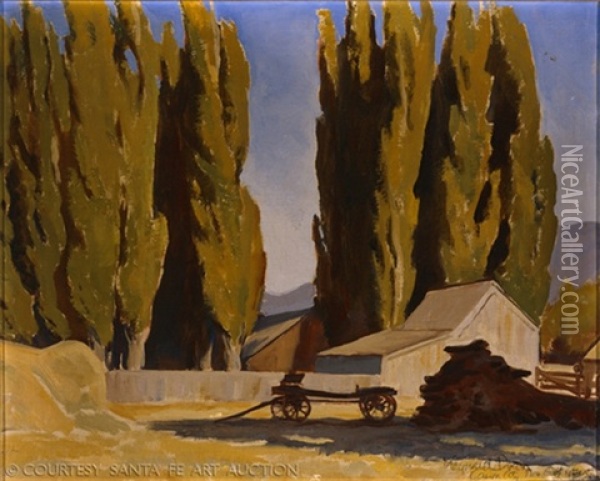 Barn And Poplars, Carson City, Nevada Oil Painting - Maynard Dixon