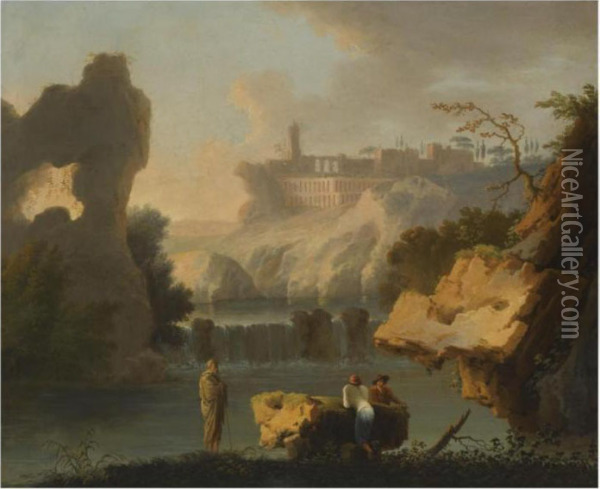 A Mendicant And Other Figures Before A Capriccio View Of Thewaterfalls At Tivoli Oil Painting - Claude-joseph Vernet