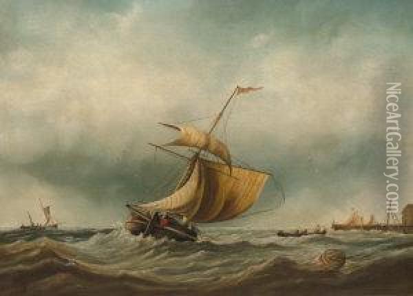 Shipping In Stormy Seas By A Jetty Oil Painting - James Webb
