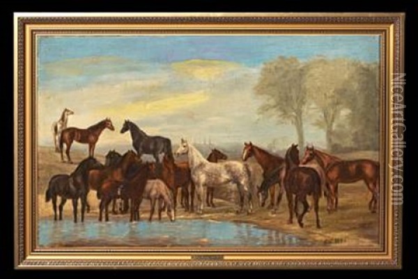Heste Ved Et Vandingssted, I Baggrunden Frederiksborg Slot Oil Painting - Fritz (Frederik Gotfred) Thomsen