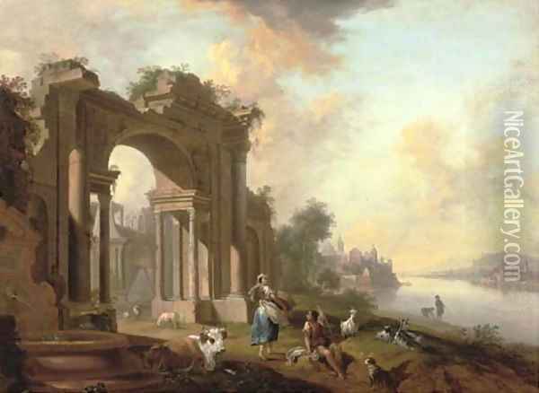 An architectural 'capriccio' with a shepherd and a washerwoman by a river, a town beyond Oil Painting - Christian Georg Schuttz II