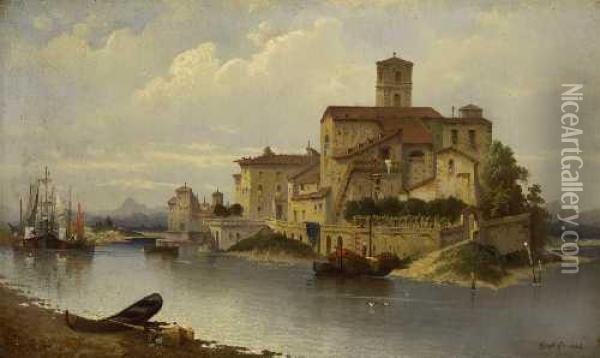 Blick Auf Ein Italienisches Stadtchen Am Ufer. Oil Painting - Carl Ludwig Francke