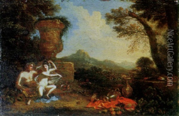 Venus And Bacchus In An Extensive Landscape Oil Painting - Cornelis Van Poelenburgh