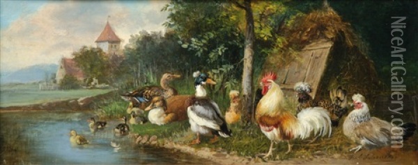 Huhner Und Enten Am Teich Oil Painting - Julius Scheuerer
