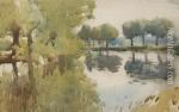 Lake And Trees With Reflections, Probablydedham Vale Oil Painting - James Paterson