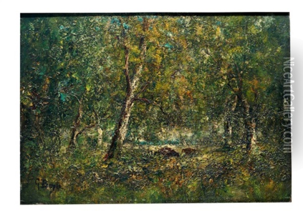 Blick Auf Waldlichtung Mit Weidendem Vieh. Dichtes Busch- Und Baumwerk. Flirrender Lichteinfall Oil Painting - George A. Boyle