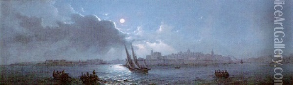 The Entrance To The Grand Harbour, Valletta By Night Oil Painting - Girolamo Gianni