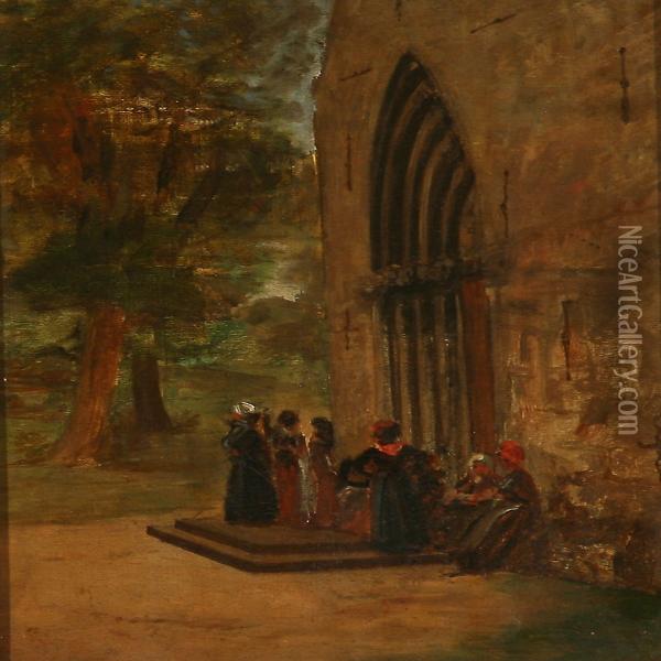 People In Front Of A Church Oil Painting - David Jacobsen