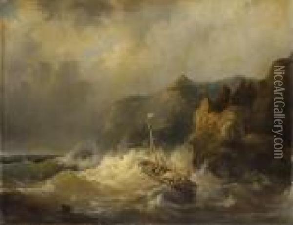 A Dismasted Ship In Dangerous Waters Oil Painting - Egidius Linnig