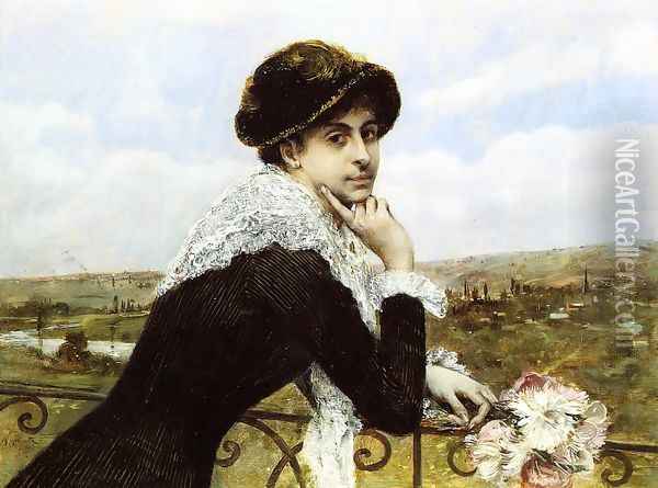 Woman on a Balcony Oil Painting - Norbert Goeneutte