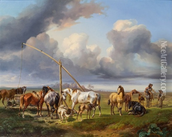Pferdetranke In Ungarischer Pusztalandschaft Oil Painting - Joseph Heicke