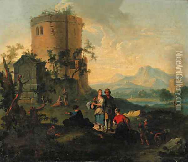 A river landscape with peasant women resting and an angler by farm buildings beyond Oil Painting - Giuseppe Zais