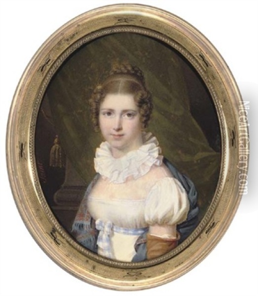 Victoire Hollard, In Short Sleeved White Silk Dress With Fichu And Ruffled Collar Oil Painting - Daniel Saint