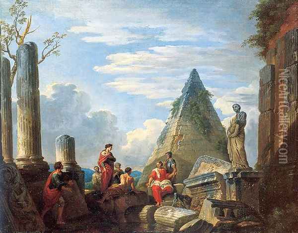 Roman Ruins with Figures 1730 Oil Painting - Giovanni Paolo Pannini