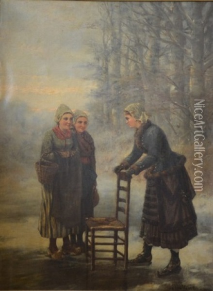 Les Patineuses Oil Painting - Herman J. Van Der Voort In De Betouw