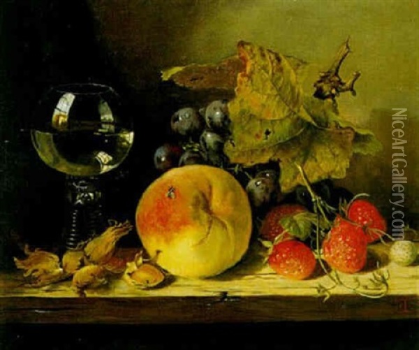 Stilleben Mit Fruchten Und Glas Auf Einem Holztisch Oil Painting - Edward Ladell