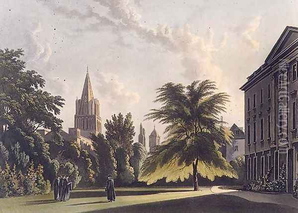 Exterior of Corpus Christi College and Christ Church Cathedral, illustration from the 'History of Oxford', engraved by Joseph Constantine Stadler (fl.1780-1812) pub. by R. Ackermann, 1813 Oil Painting - William Westall